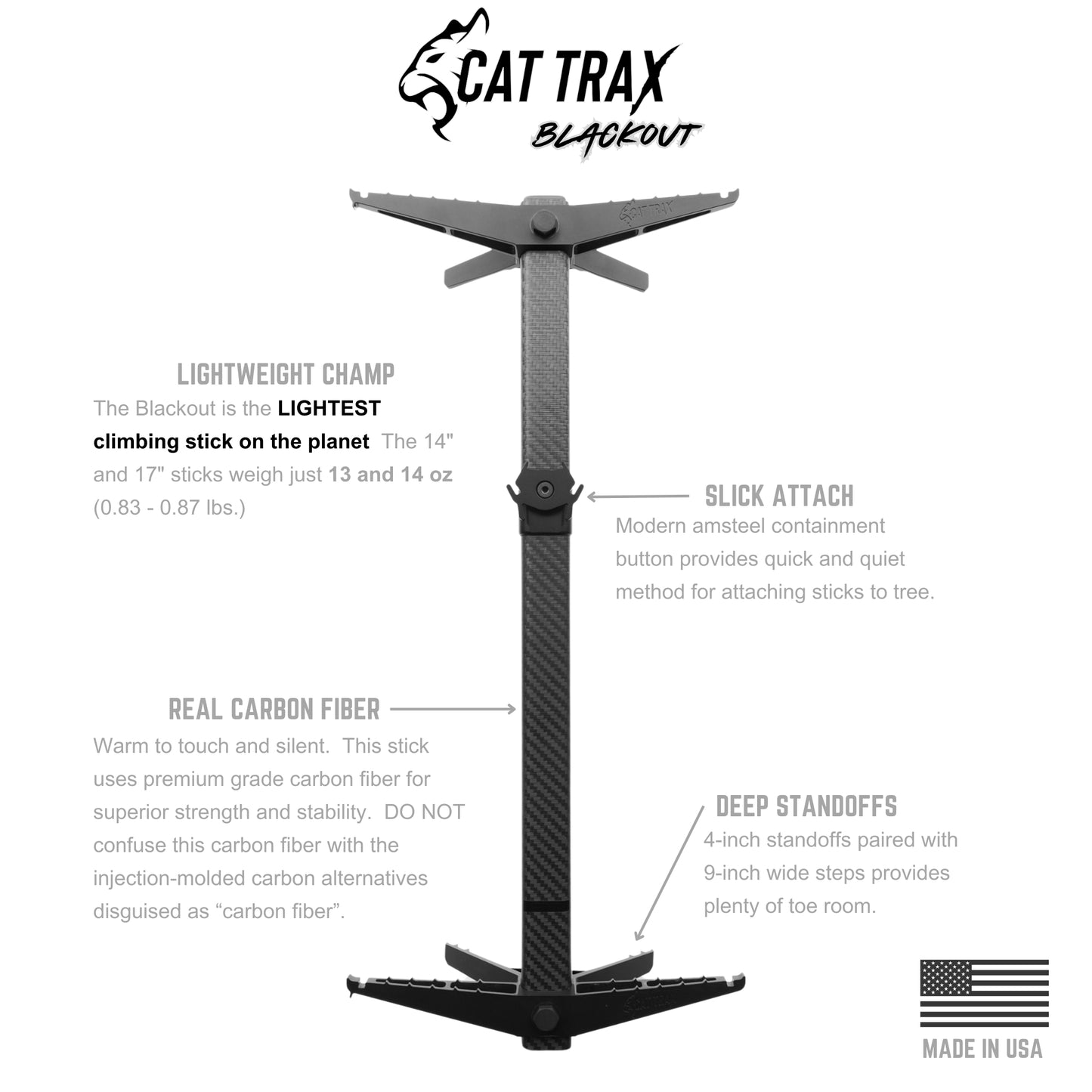 The Cat Trax Blackout is the lightest climbing stick ever created. Weighing 0.83 lbs. (~13 oz.) you will not find a climbing stick lighter than this one!