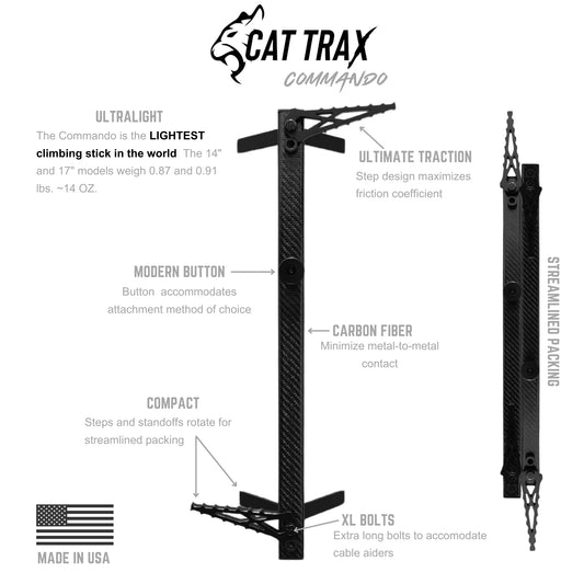 Cat Trax Commando, the lightest climbing stick in the world. The 14" and 17" length models weigh 0.87 and 0.91 lbs.