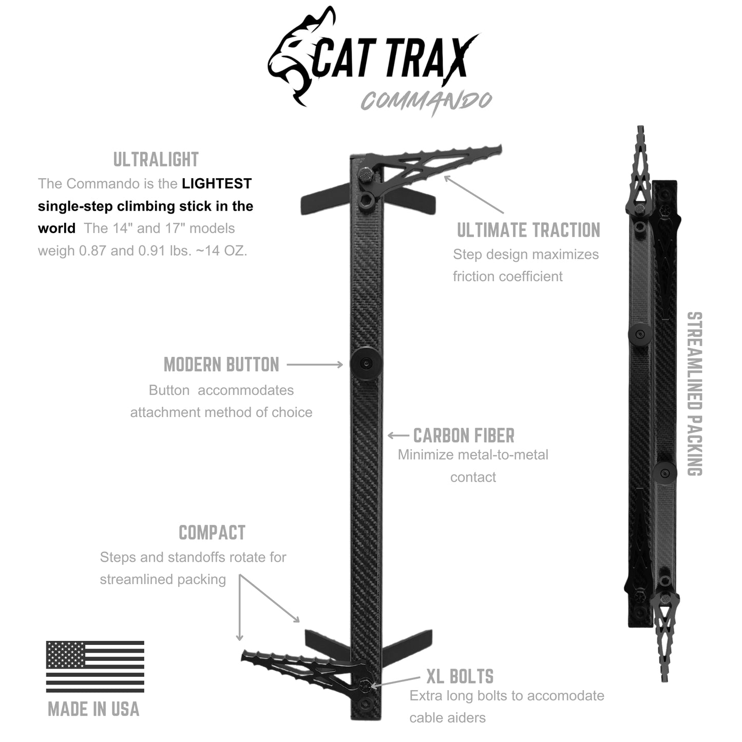 Cat Trax Commando, the lightest climbing stick in the world. The 14" and 17" length models weigh 0.87 and 0.91 lbs.